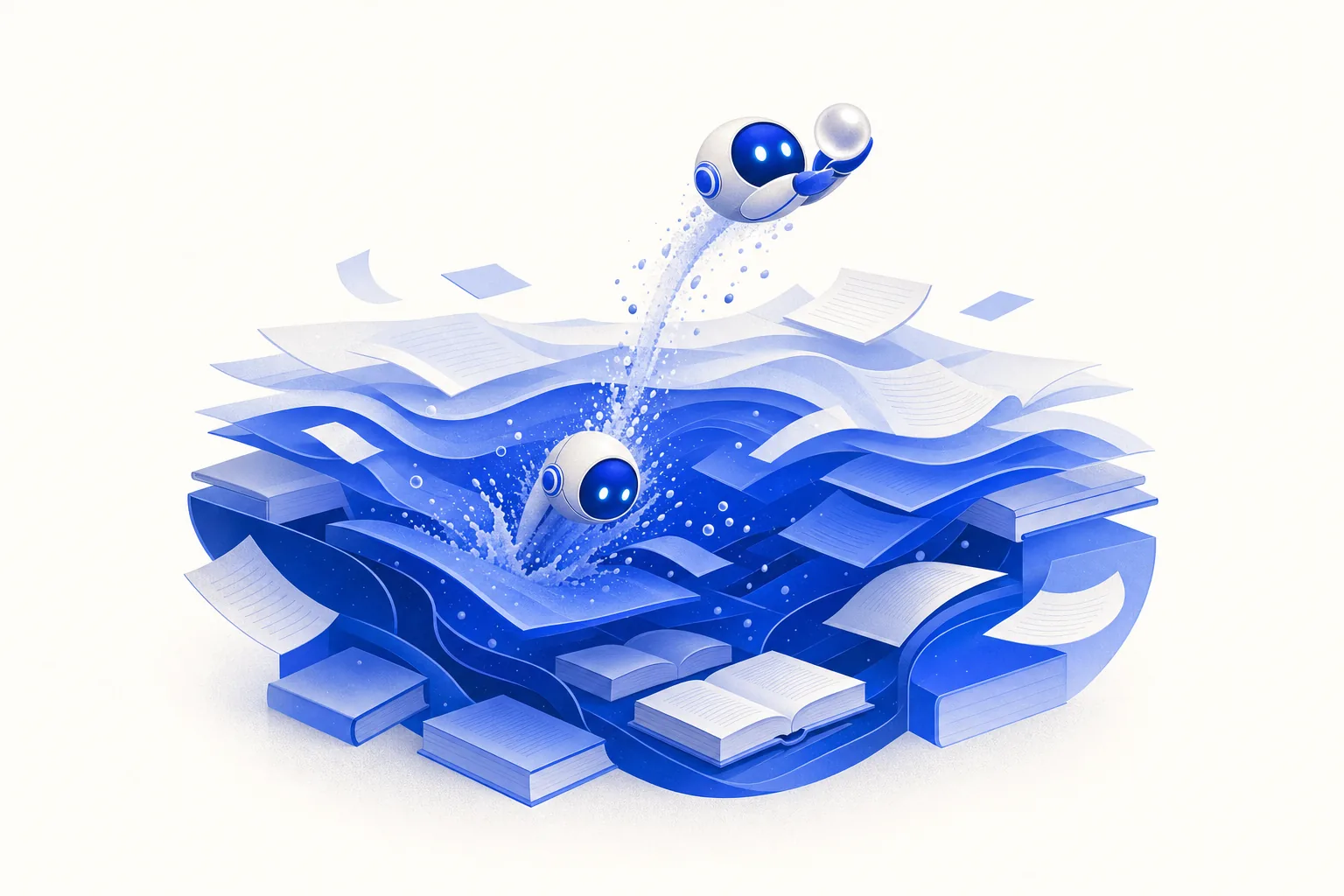 Ilustração editorial em tons de azul representando o artigo: Pesquisa profunda com IA: a decisão de mercado que levava 2 semanas sai em 20 minutos