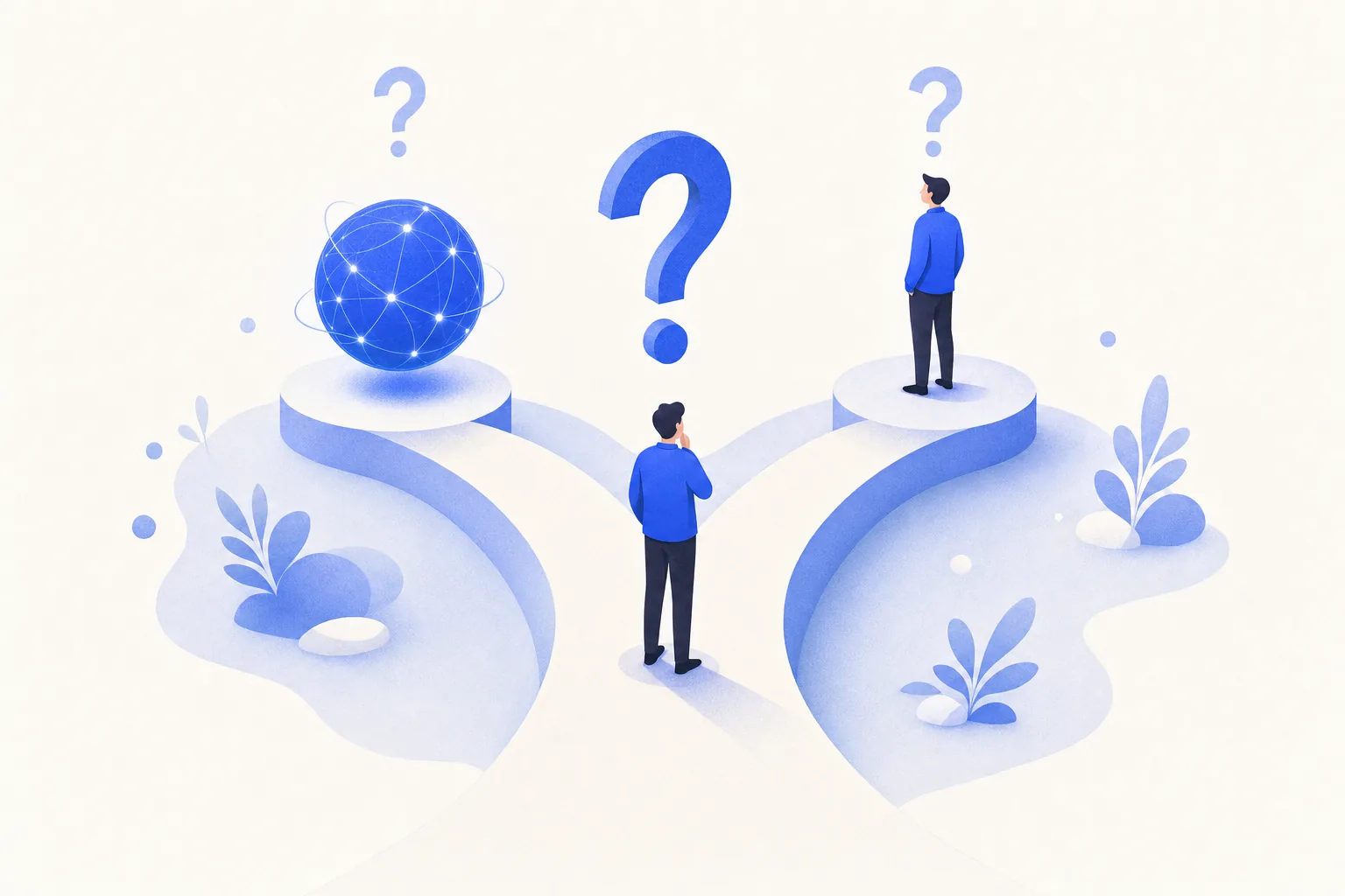 Ilustração editorial em tons de azul representando o artigo: Delegar pra IA antes de delegar pra pessoa: o teste de 2 perguntas