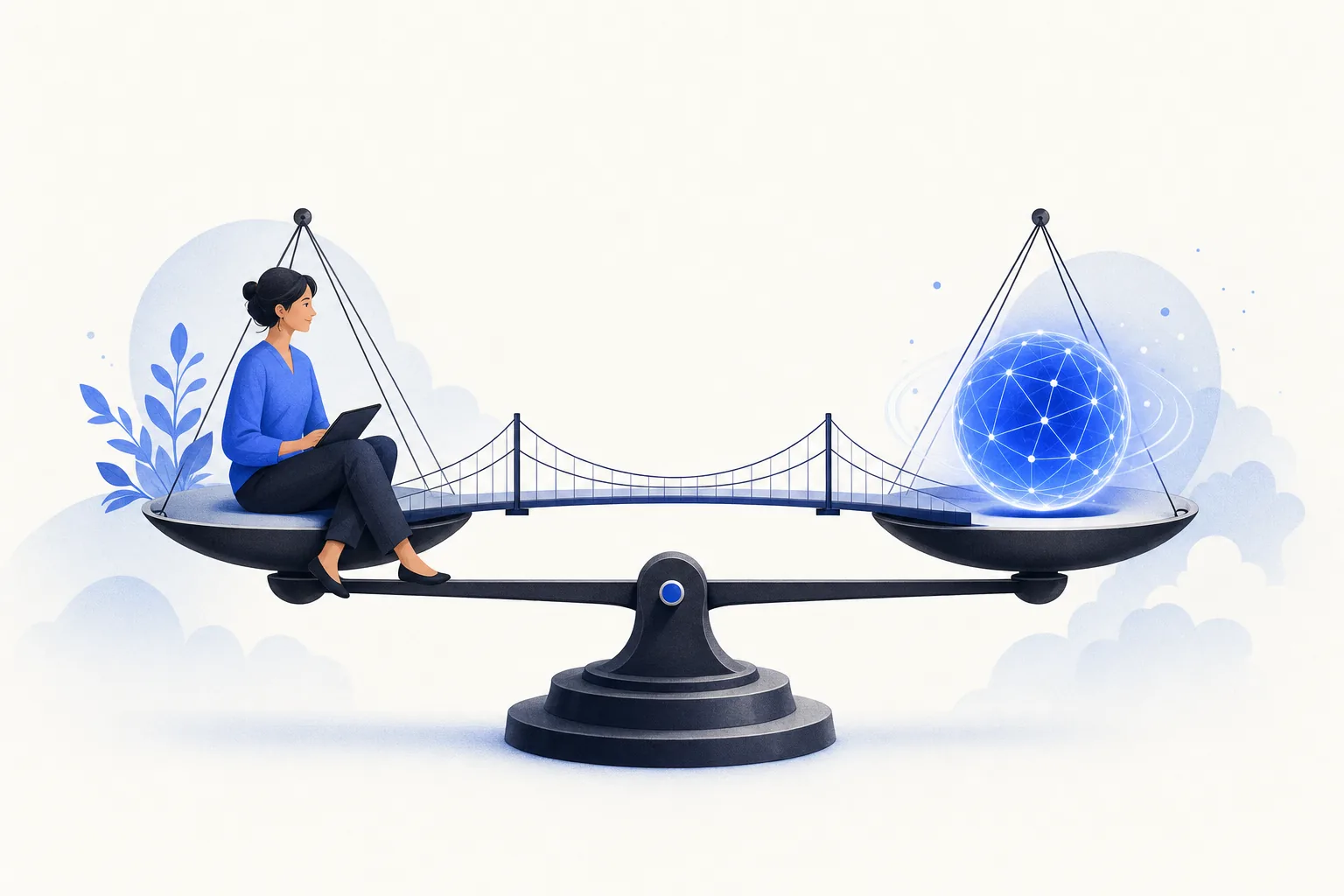 Ilustração editorial em tons de azul representando o artigo: Delegar pra IA vs contratar assistente: a conta e os limites de cada um