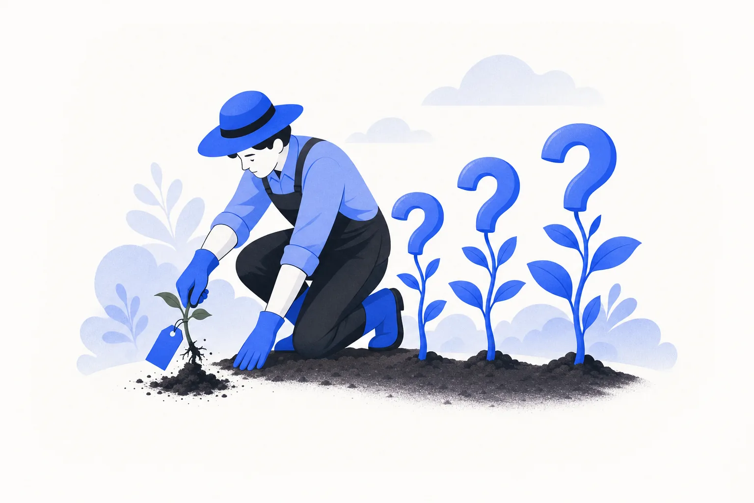 Ilustração editorial em tons de azul representando o artigo: Discovery que previne objeção: as perguntas que matam o "tá caro" antes de nascer