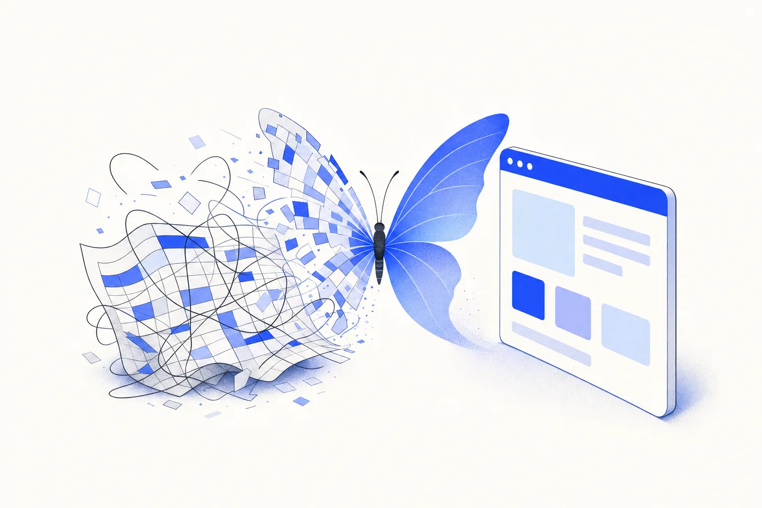 Ilustração editorial em tons de azul representando o artigo: Do Excel ao app: aposentando a planilha caótica sem contratar dev