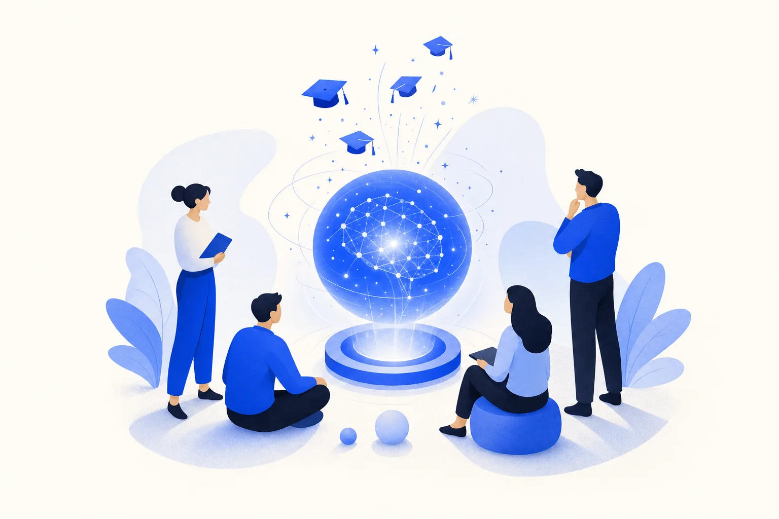 Ilustração editorial em tons de azul representando o artigo: Como treinar sua equipe pra trabalhar com IA (sem virar gestor de ferramentas)