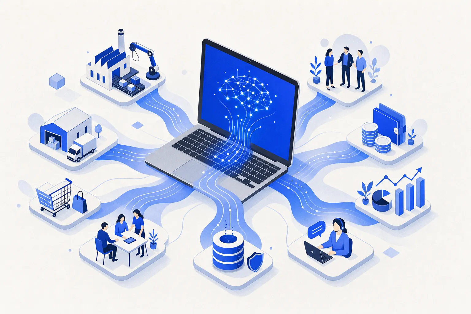 Ilustração editorial em tons de azul representando o artigo: Como rodei a Expert Integrado de um MacBook numa sexta: o experimento de 1 dia