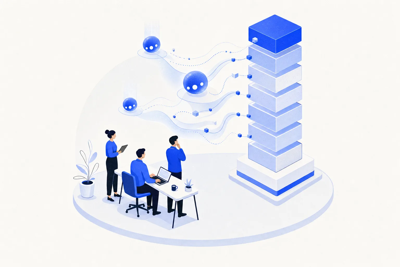 Ilustração editorial em tons de azul representando o artigo: Como escalar a empresa sem contratar mais gente (com IA fazendo o trabalho novo)