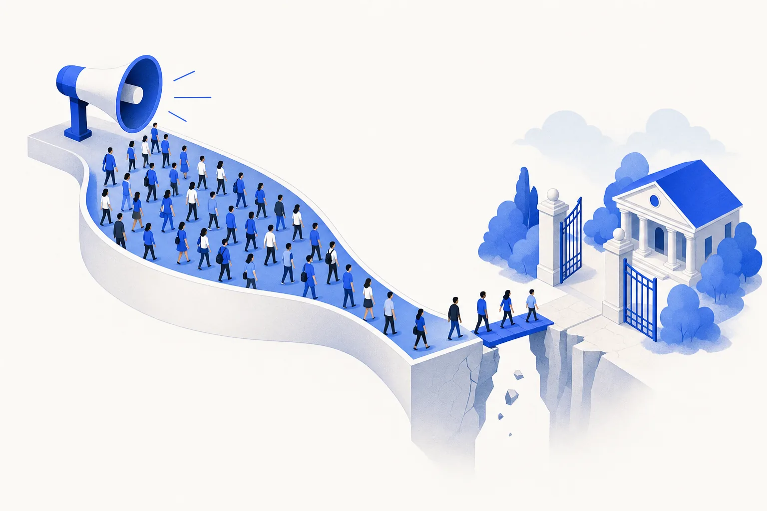 Ilustração editorial em tons de azul representando o artigo: Por que o lead de anúncio da escola não vira matrícula (mesmo respondendo rápido)
