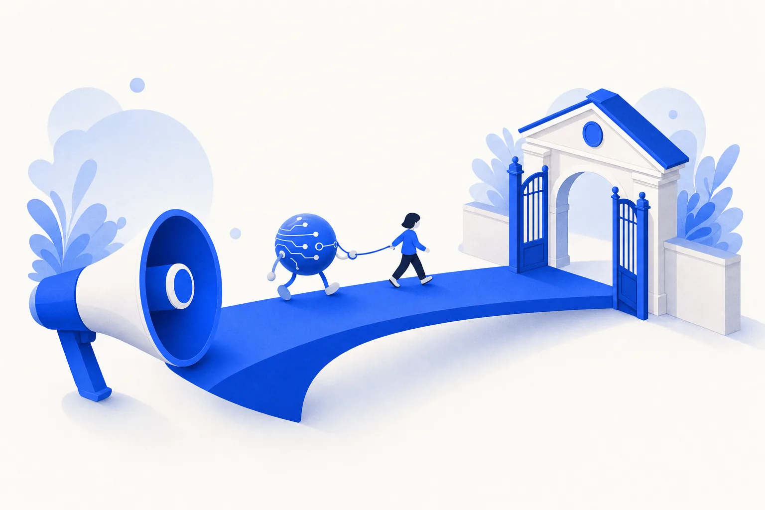 Ilustração editorial em tons de azul representando o artigo: Como funciona o funil de anúncio até matrícula automatizado no WhatsApp