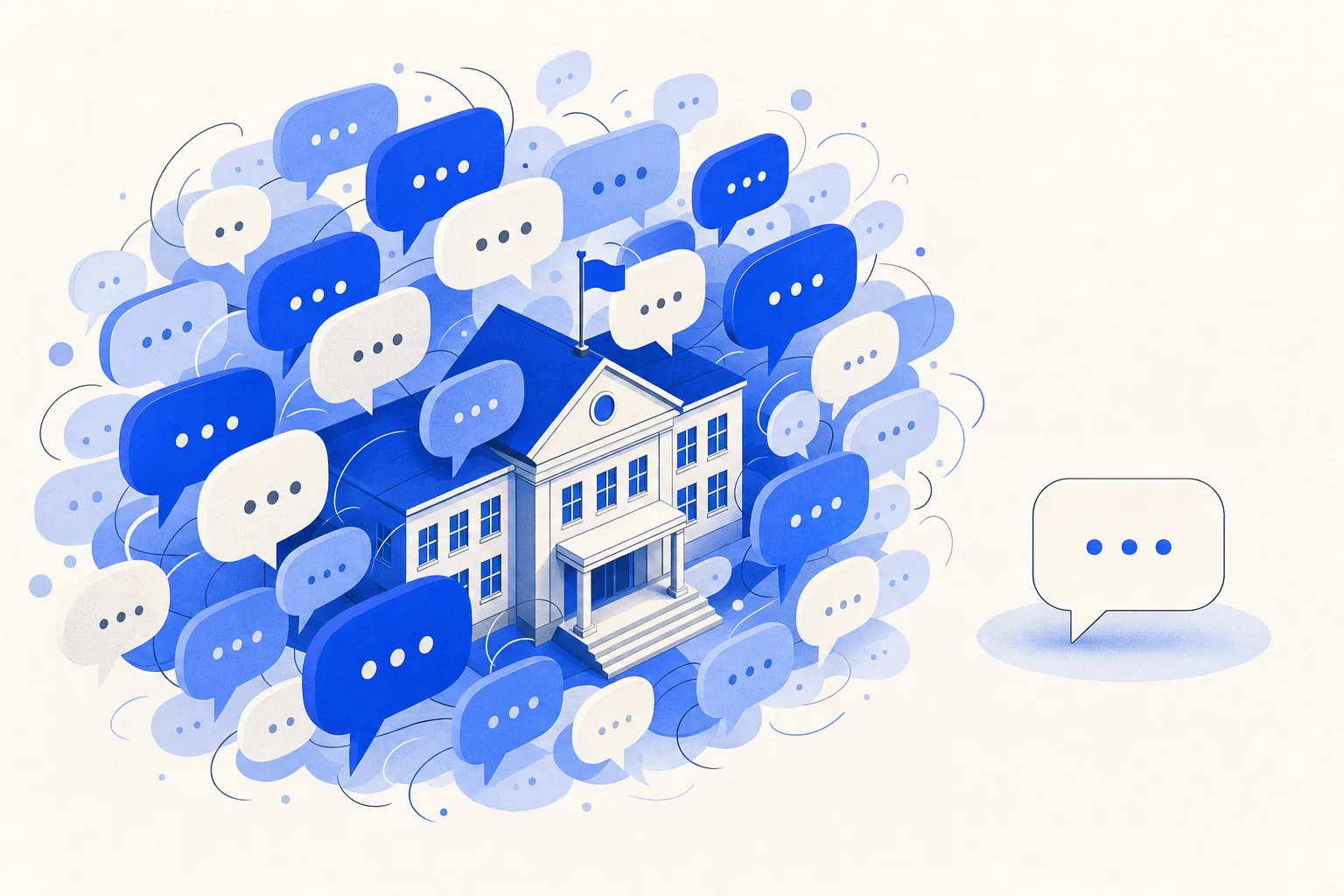 Ilustração editorial em tons de azul representando o artigo: Grupo de WhatsApp virou o canal oficial da escola com os pais: o problema que ninguém percebeu