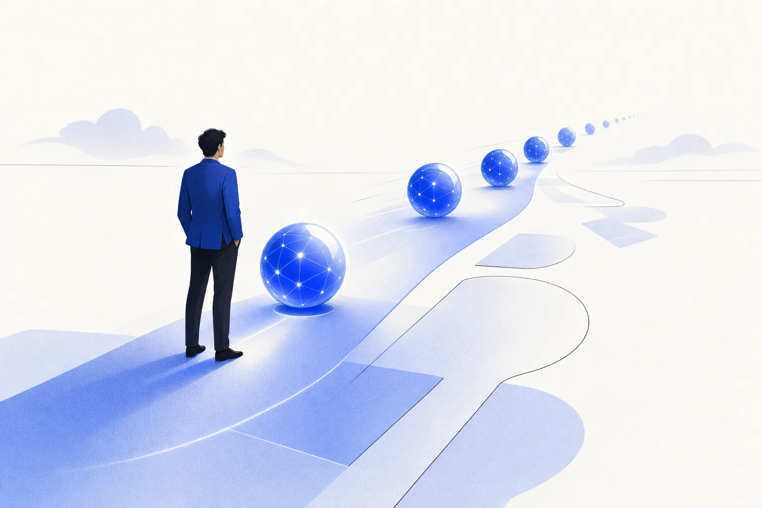 Ilustração editorial em tons de azul representando o artigo: Esperar o próximo modelo é desculpa: o gargalo é implantação, não tecnologia
