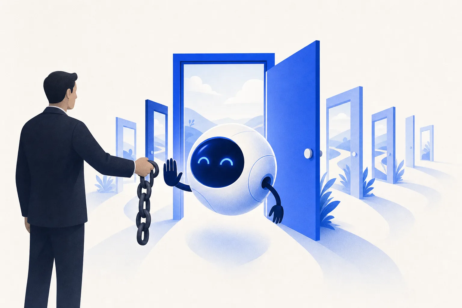 Ilustração editorial em tons de azul representando o artigo: Não case com um fornecedor de IA: como evitar lock-in sem virar Frankenstein