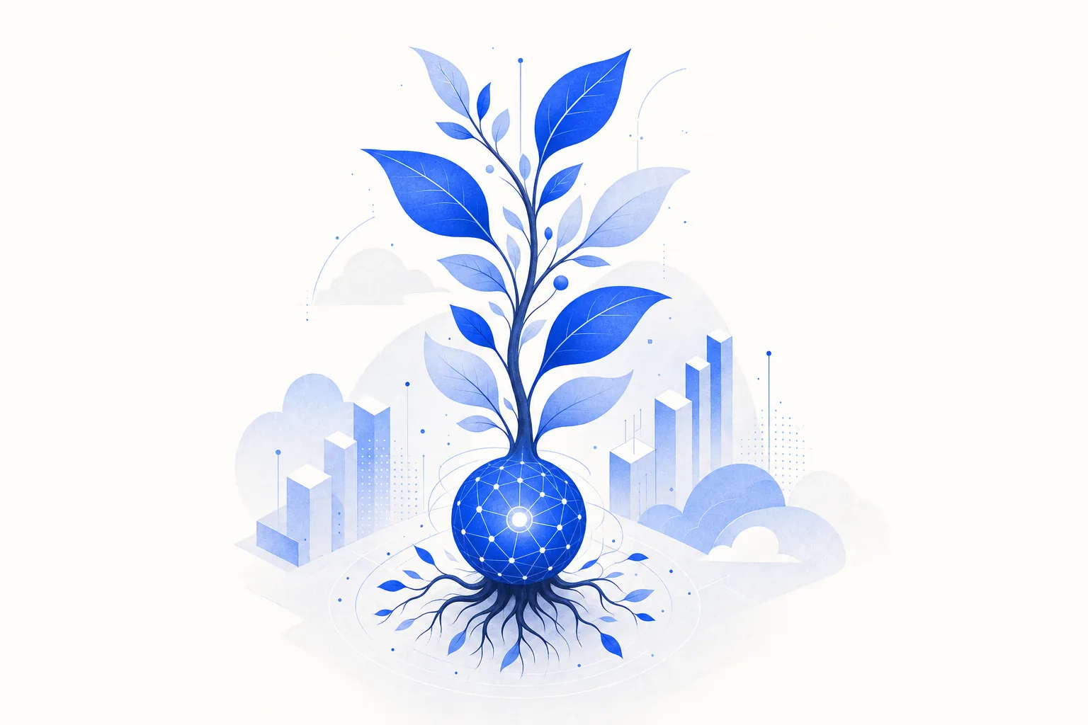 Ilustração editorial em tons de azul representando o artigo: Expansão sem financiamento: como PME cresce com IA antes de precisar de capital