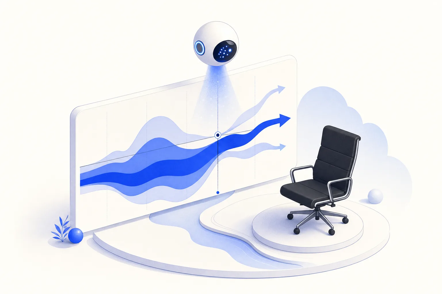 Ilustração editorial em tons de azul representando o artigo: Fluxo de caixa com IA: como PME de 15 pessoas acompanha o financeiro sem CFO