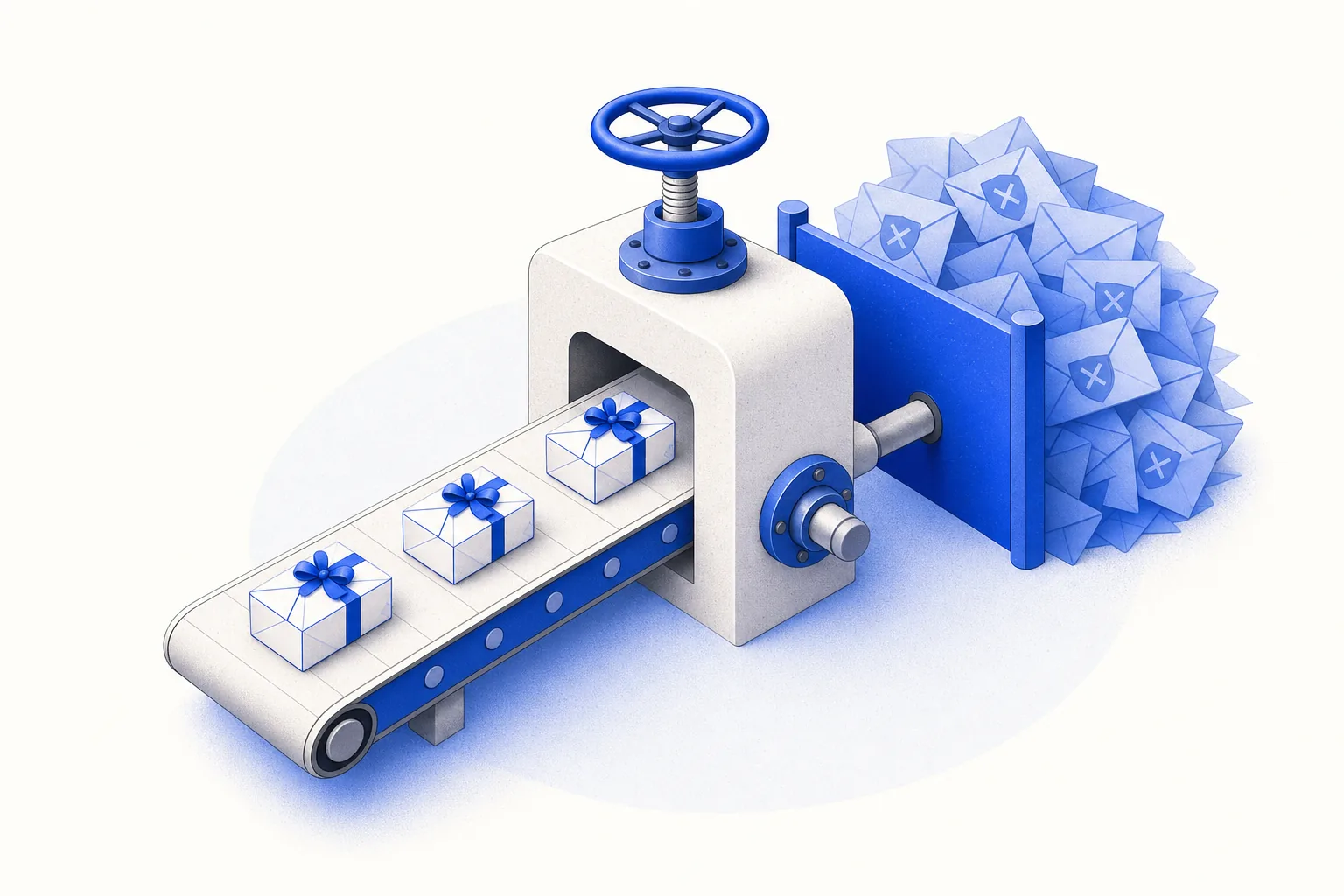 Ilustração editorial em tons de azul representando o artigo: Follow-up automático sem virar spam: cadência, conteúdo e limite