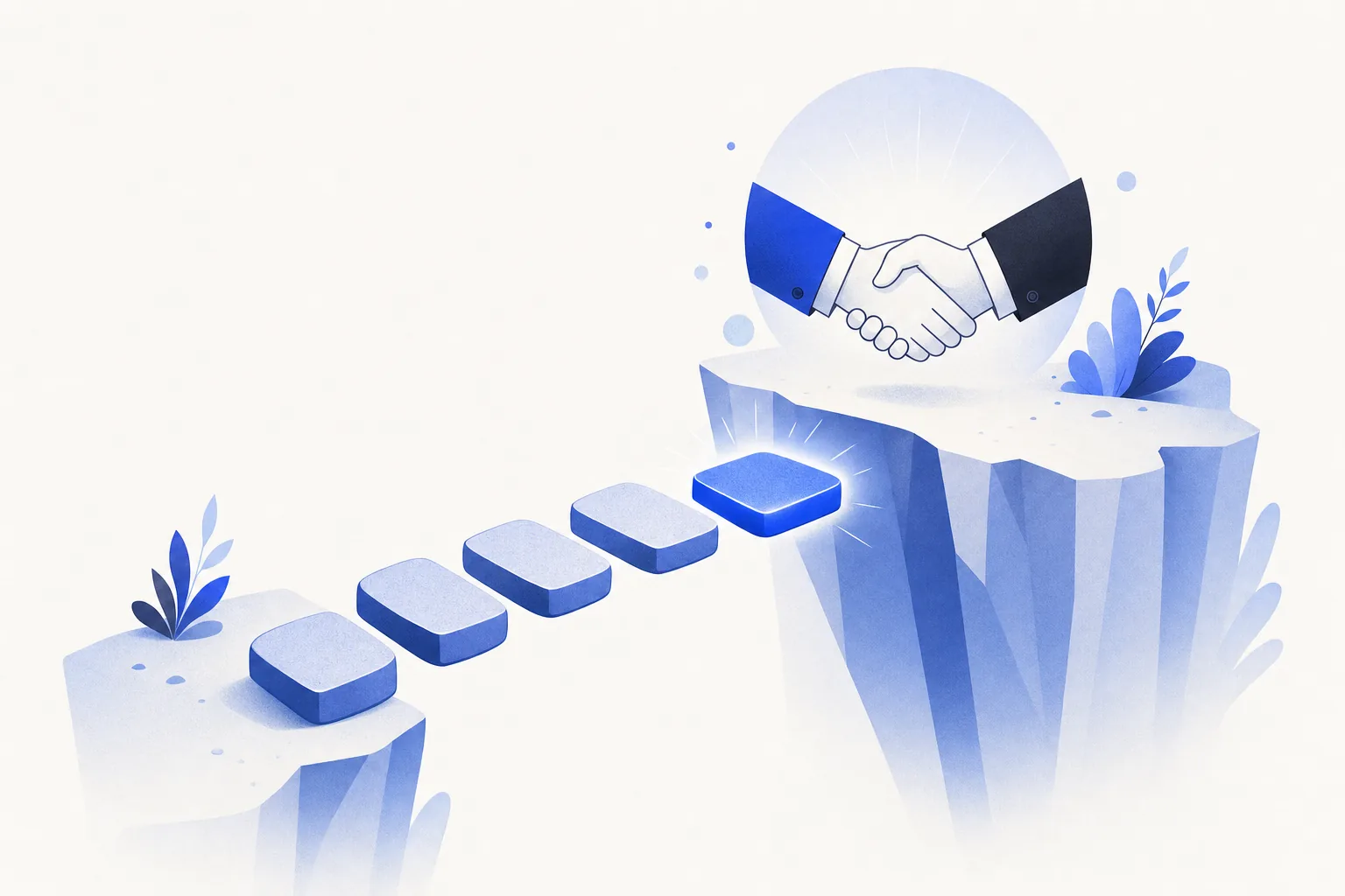 Ilustração editorial em tons de azul representando o artigo: O framework de 5 passos pra tratar objeção de venda (validado em 67 mil calls da Gong)
