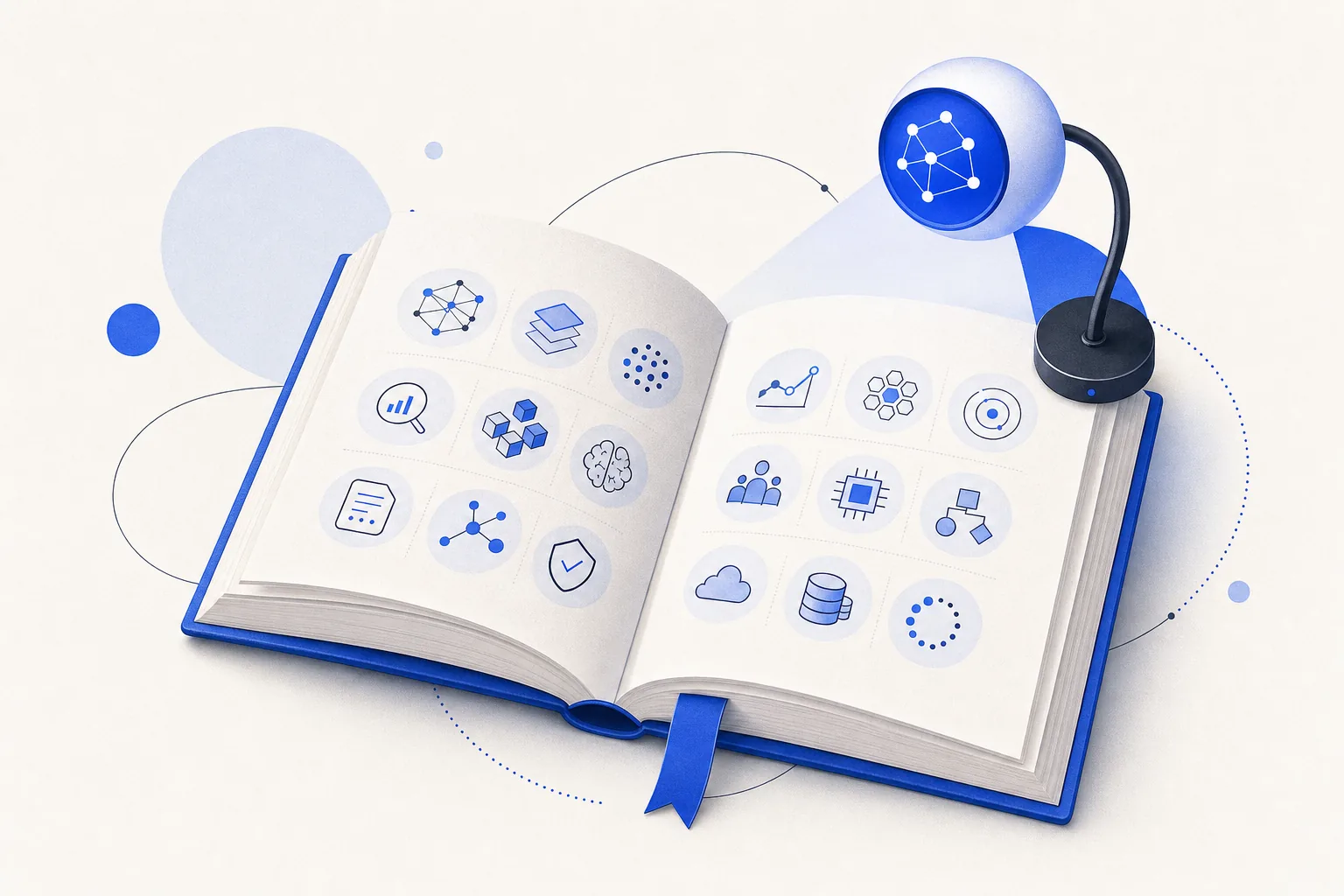 Ilustração editorial em tons de azul representando o artigo: Glossário de IA pro empresário: 100 termos sem tecniquês