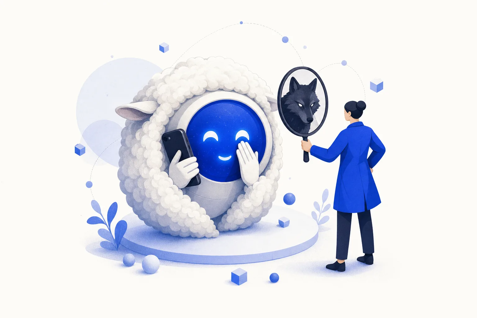 Ilustração editorial em tons de azul representando o artigo: O golpe do áudio do chefe: deepfakes já miram empresas pequenas