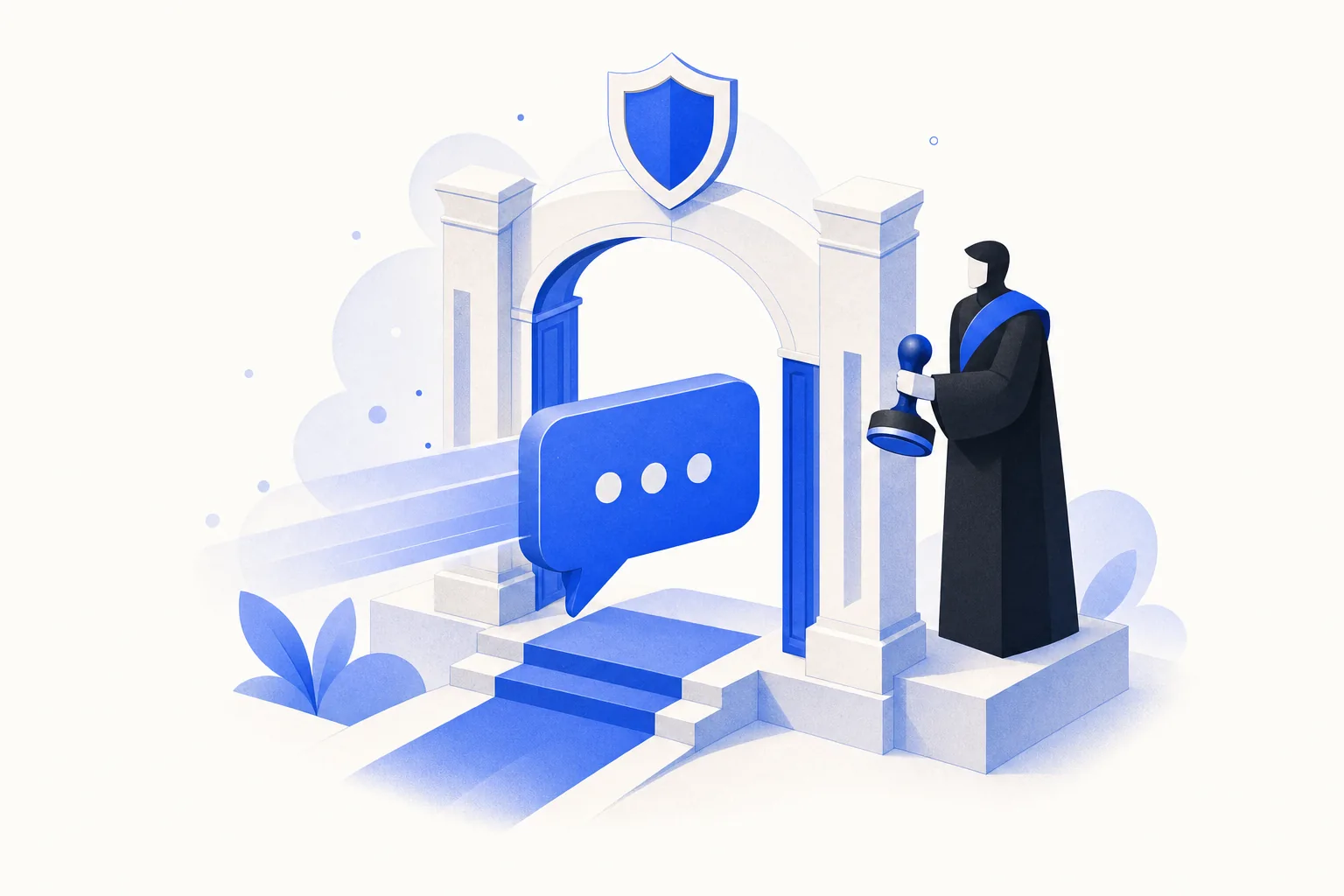 Ilustração editorial em tons de azul representando o artigo: Governança de agente: quem aprova o que a IA fala com seu cliente