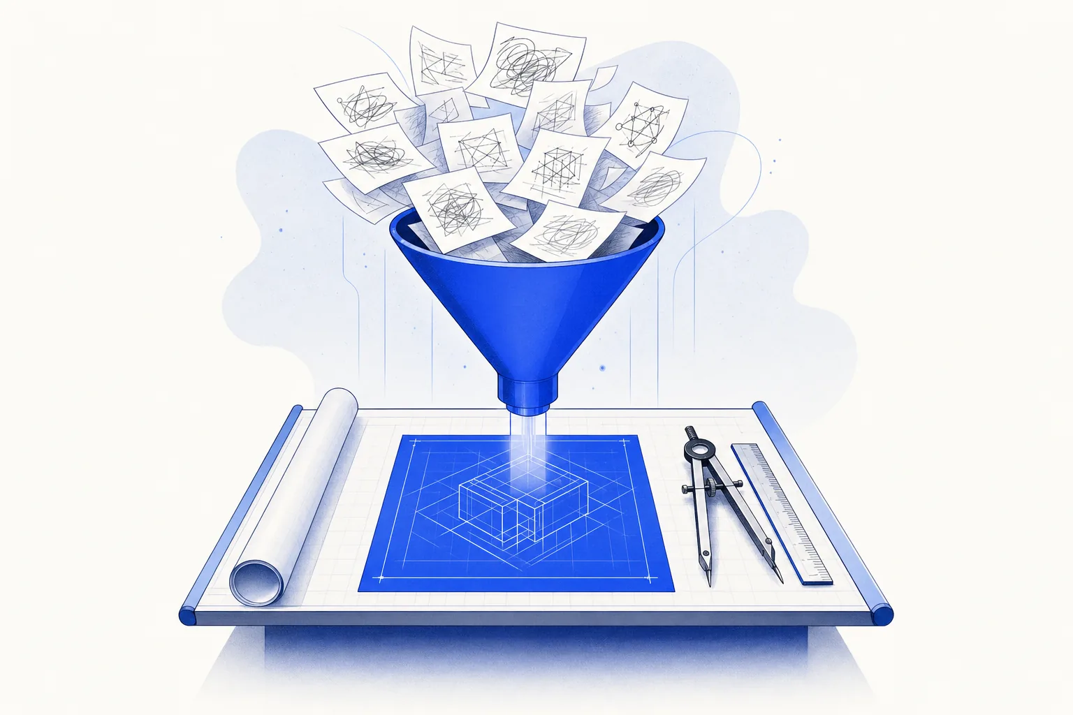 Ilustração editorial em tons de azul representando o artigo: IA para arquitetura e engenharia: triagem de briefing e proposta