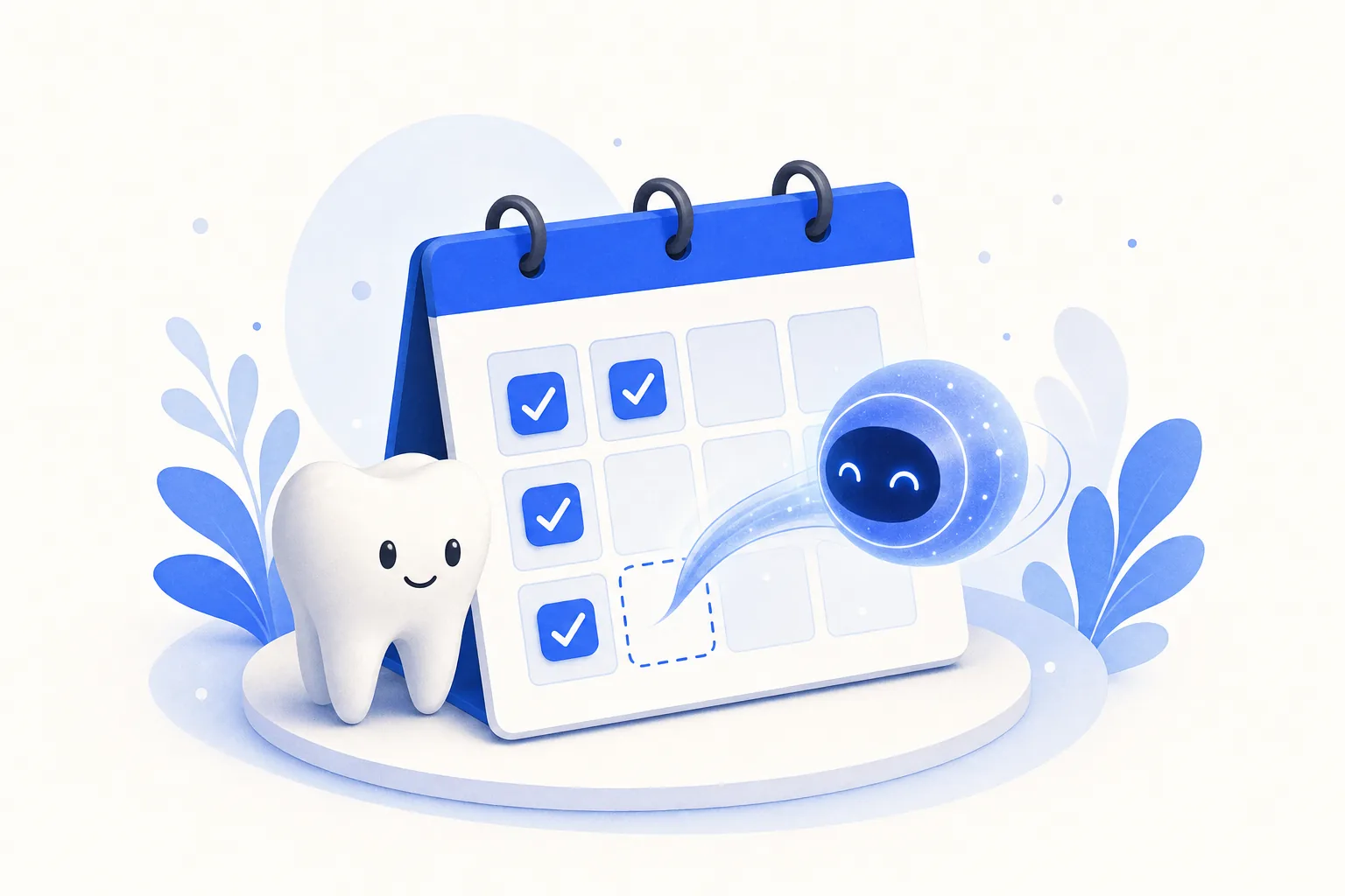 Ilustração editorial em tons de azul representando o artigo: IA para clínicas odontológicas: agenda cheia sem secretária sobrecarregada