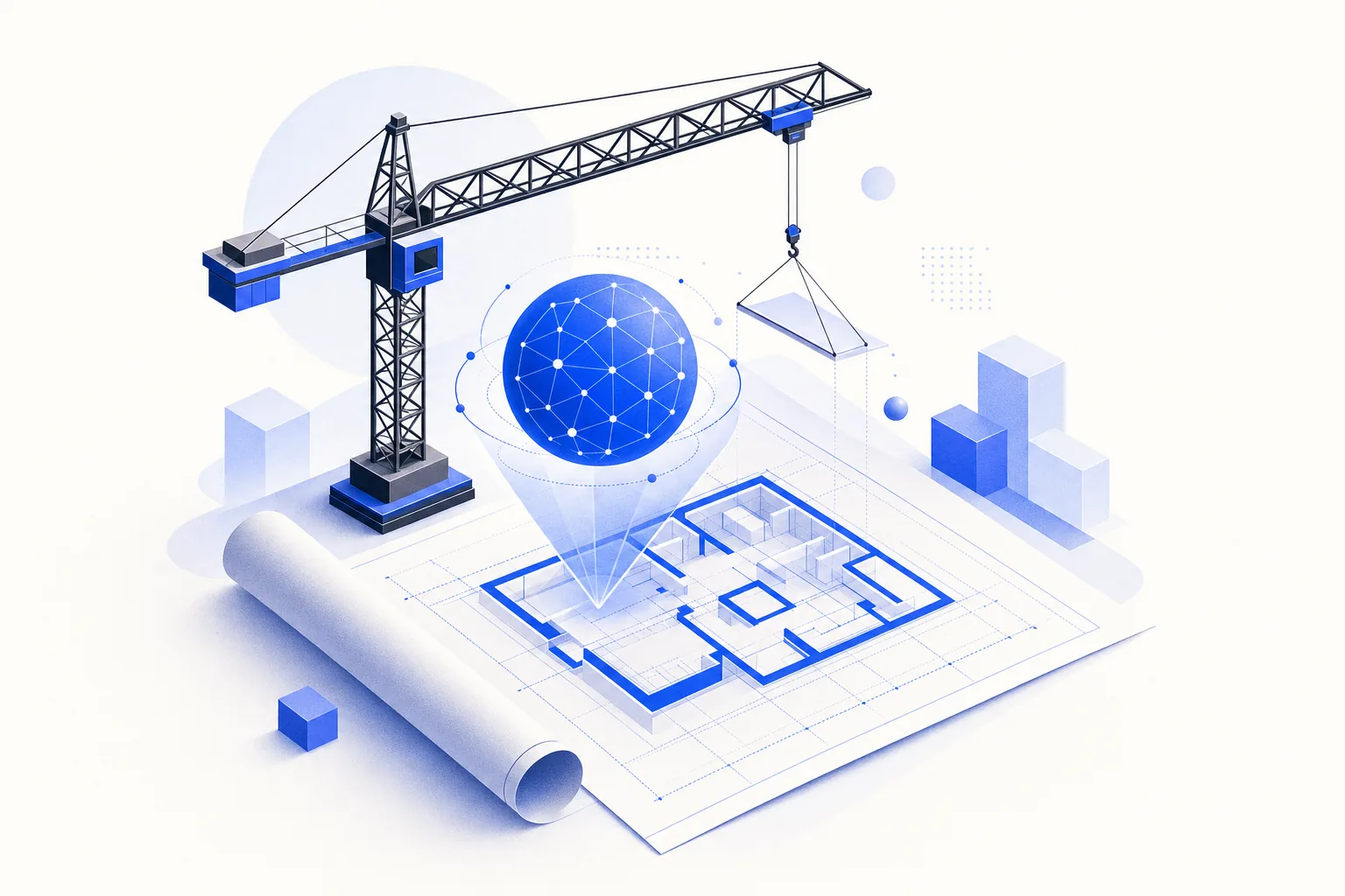 Ilustração editorial em tons de azul representando o artigo: IA na construção civil para PME brasileira: casos reais de construtoras que aplicaram