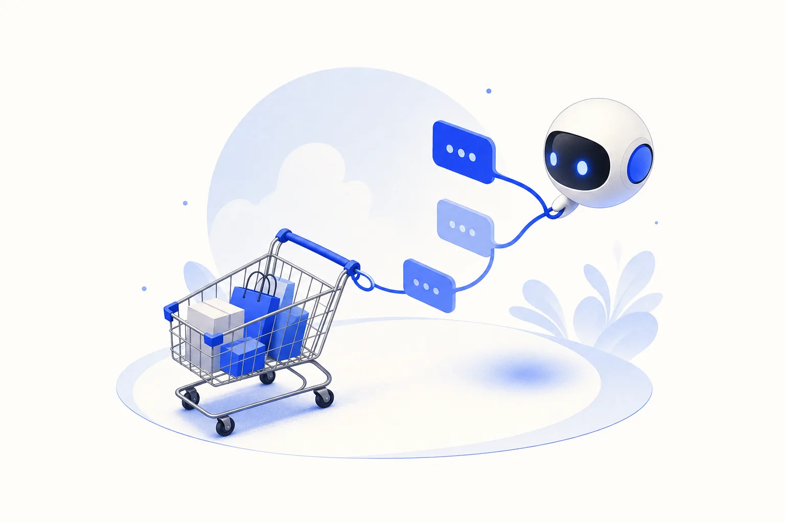 Ilustração editorial em tons de azul representando o artigo: IA para e-commerce: carrinho abandonado e atendimento que vende
