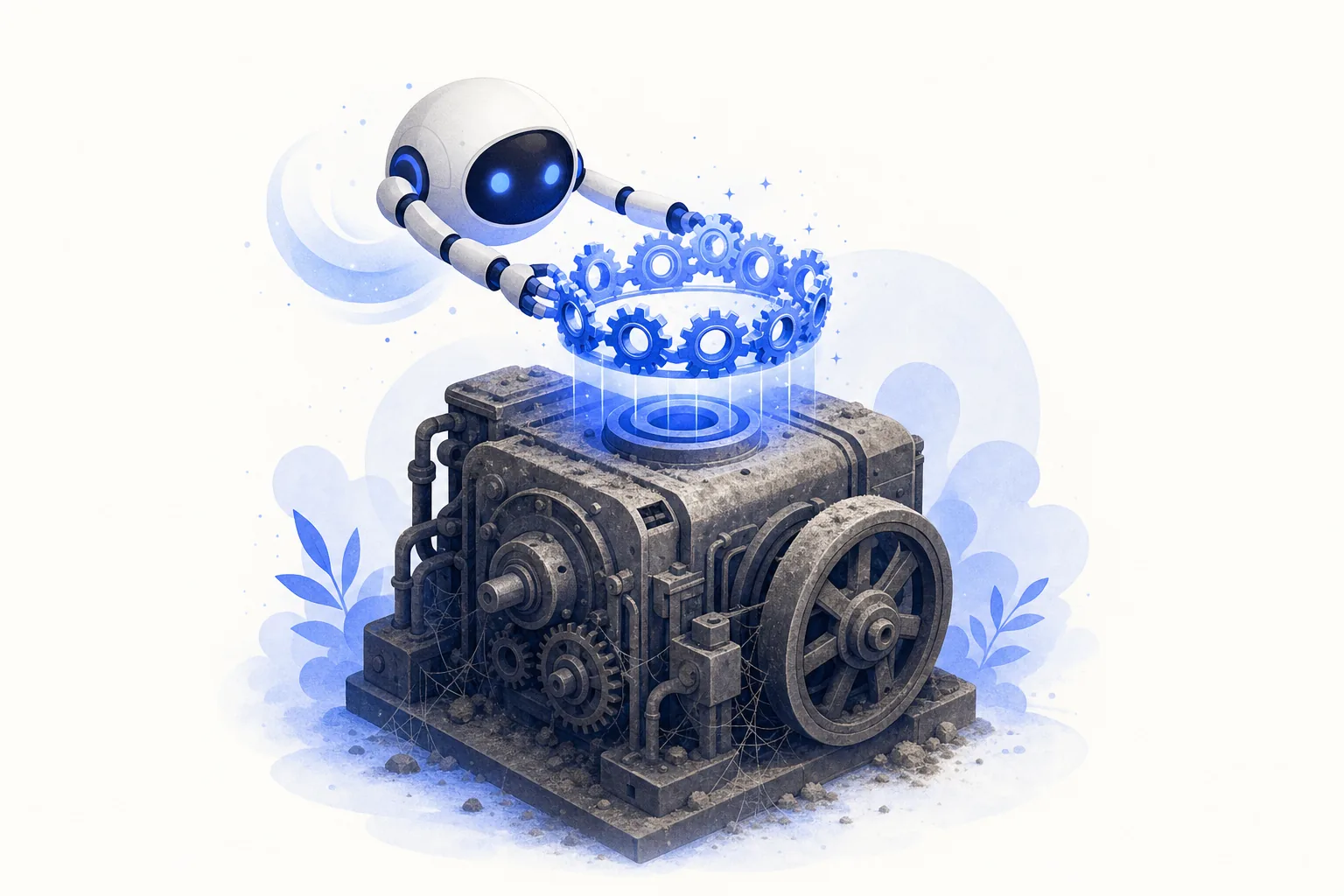 Ilustração editorial em tons de azul representando o artigo: Sistema velho não é desculpa: IA em cima de ERP legado