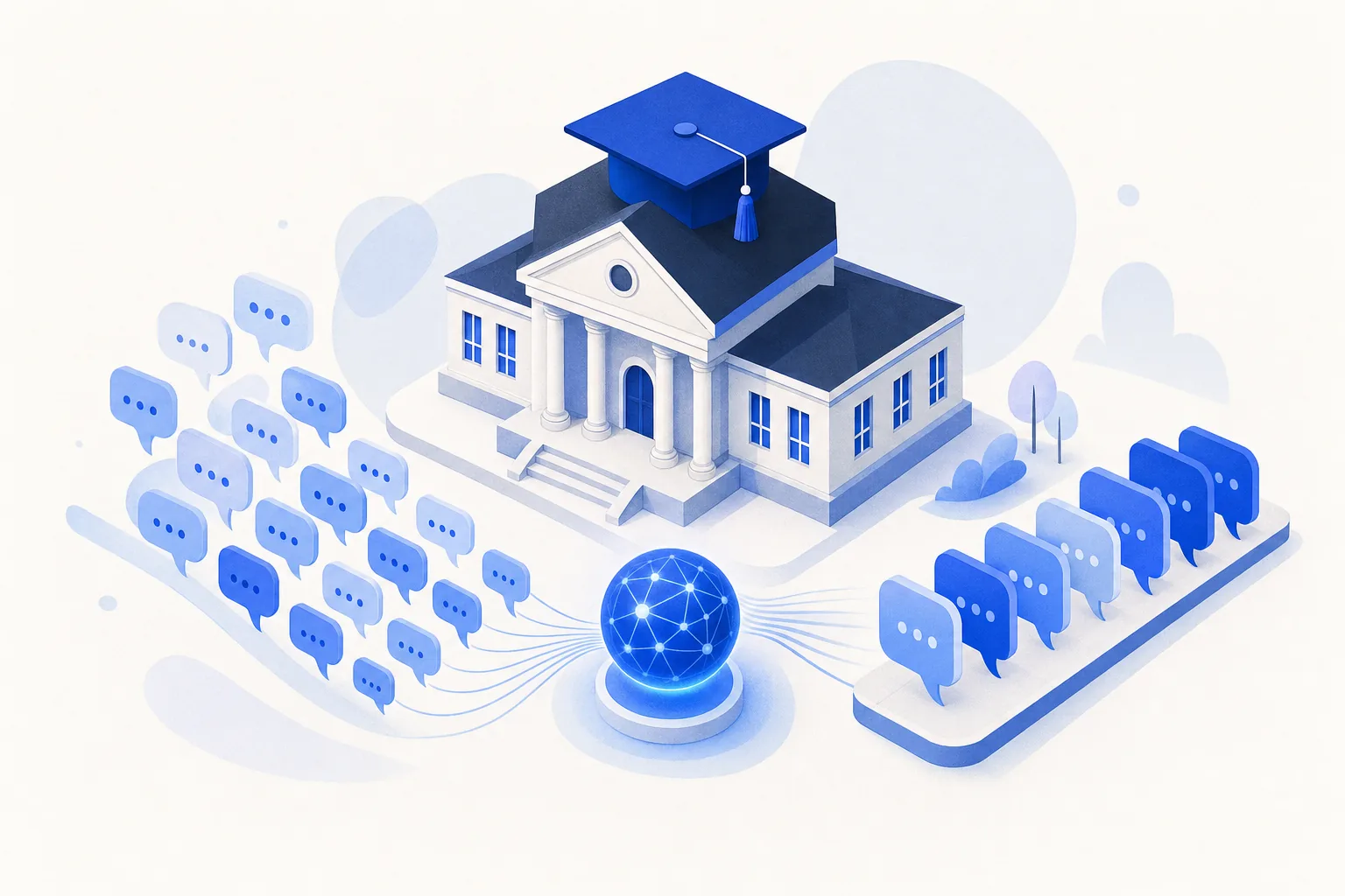 Ilustração editorial em tons de azul representando o artigo: IA para escolas e cursos: matrícula é venda, e venda dá pra automatizar