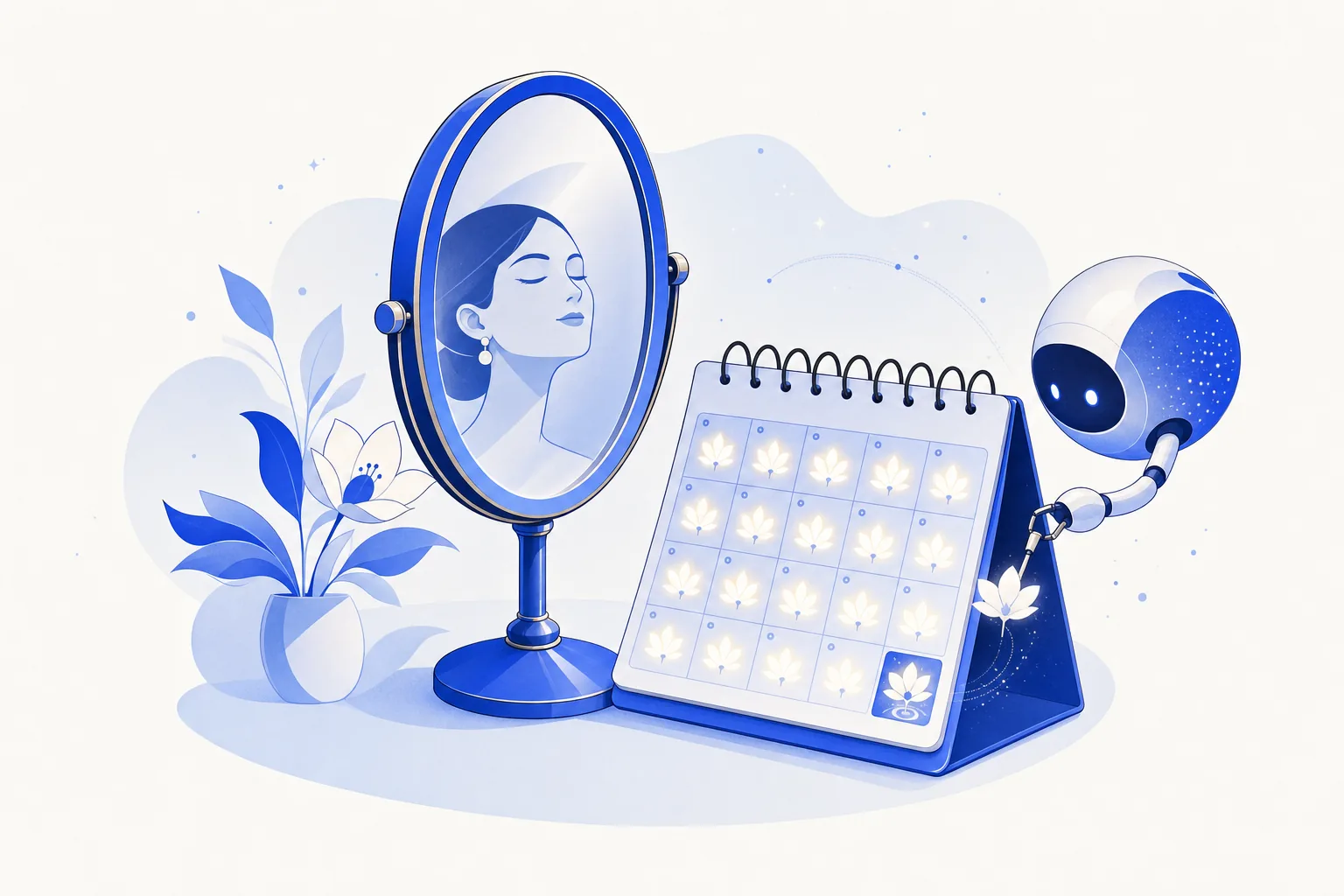 Ilustração editorial em tons de azul representando o artigo: IA para estética e beleza: agendamento, lembrete e no-show perto de zero