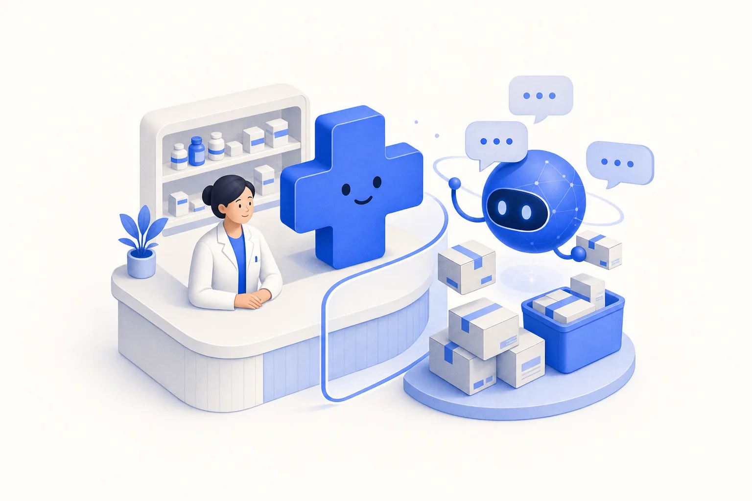 Ilustração editorial em tons de azul representando o artigo: IA para farmácias: o que dá pra automatizar sem brigar com a regulação