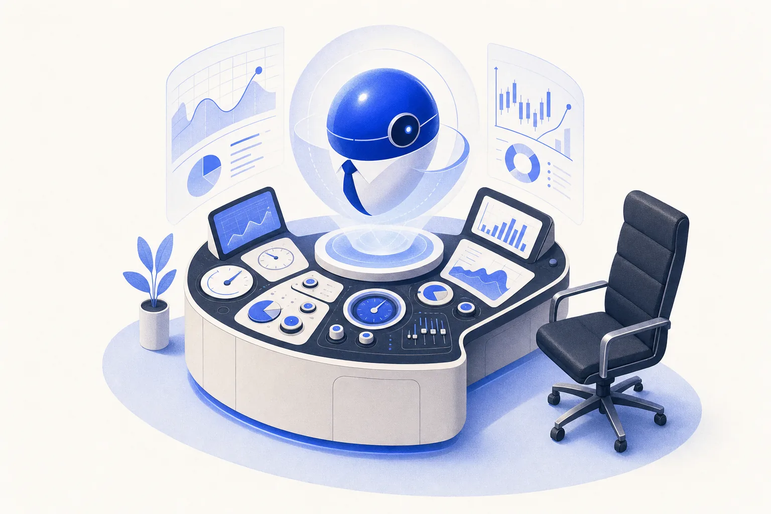 Ilustração editorial em tons de azul representando o artigo: CFO virtual com IA: como PME de 20 pessoas tomou controle do financeiro sem contratar