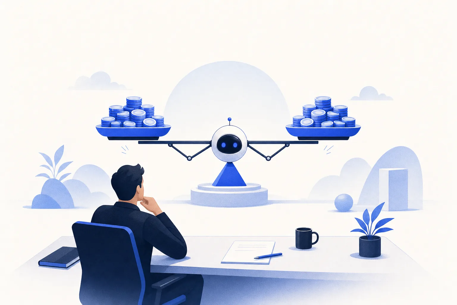 Ilustração editorial em tons de azul representando o artigo: IA no financeiro: conciliação, cobrança e fluxo de caixa sem mutirão de planilha