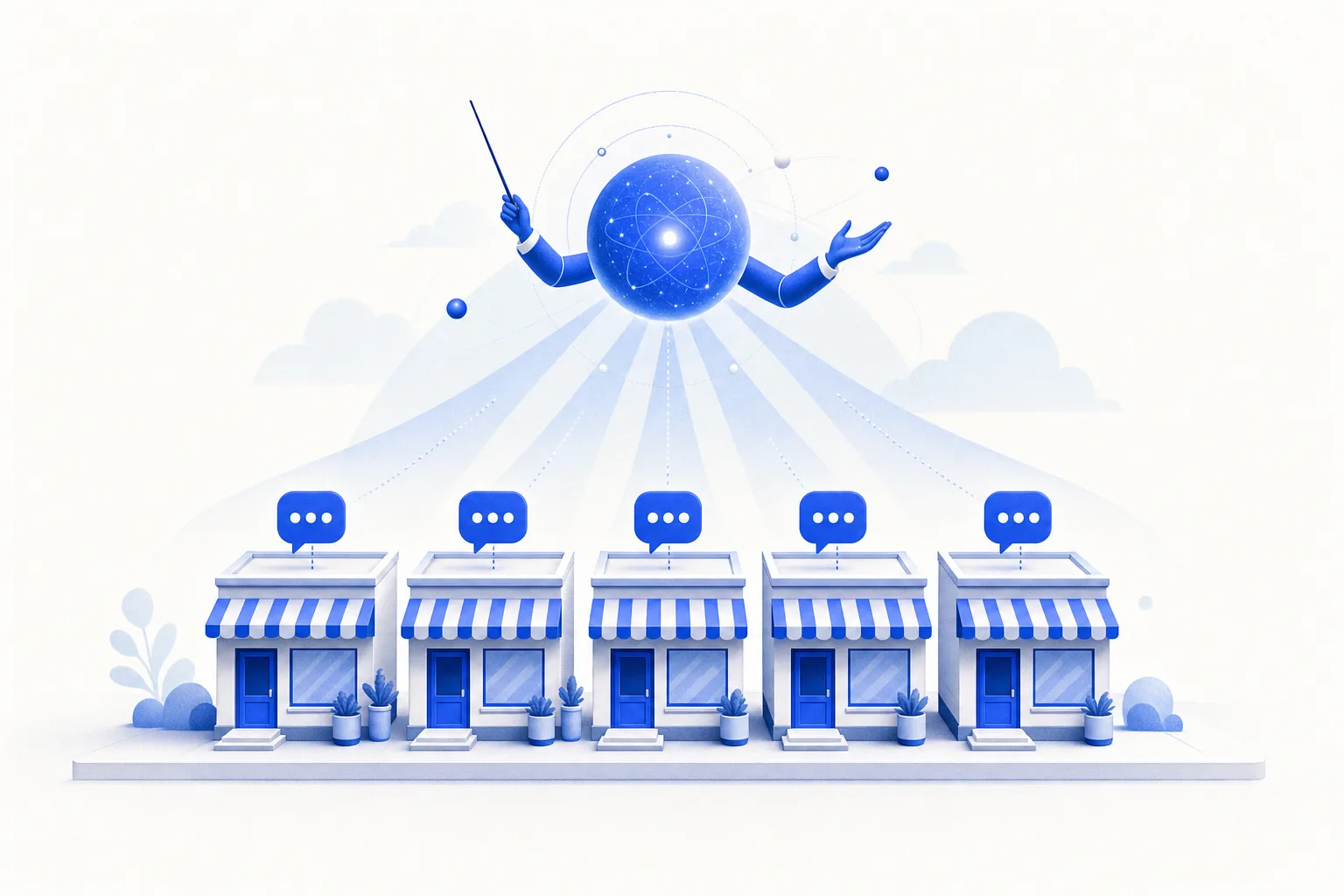 Ilustração editorial em tons de azul representando o artigo: IA para franquias: padronizar atendimento em todas as unidades