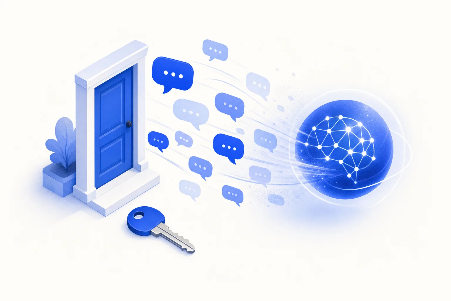 Ilustração editorial em tons de azul representando o artigo: IA para imobiliárias: como parar de perder lead de portal no WhatsApp