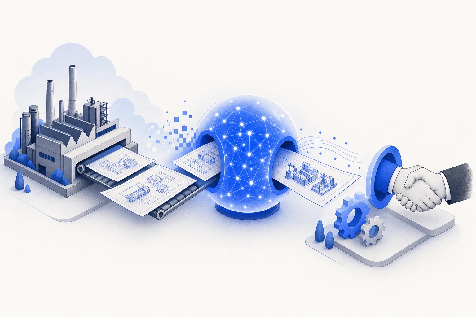 Ilustração editorial em tons de azul representando o artigo: IA para indústria B2B: orçamento técnico e representante comercial