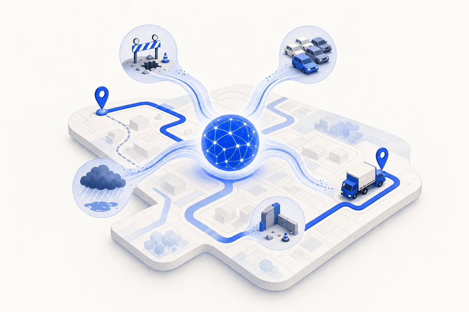 Ilustração editorial em tons de azul representando o artigo: IA na logística de PME: 4 pontos de atrito que dá pra resolver essa semana