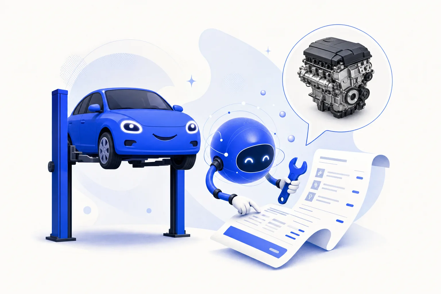 Ilustração editorial em tons de azul representando o artigo: IA para oficinas e autopeças: orçamento por foto e retorno de revisão
