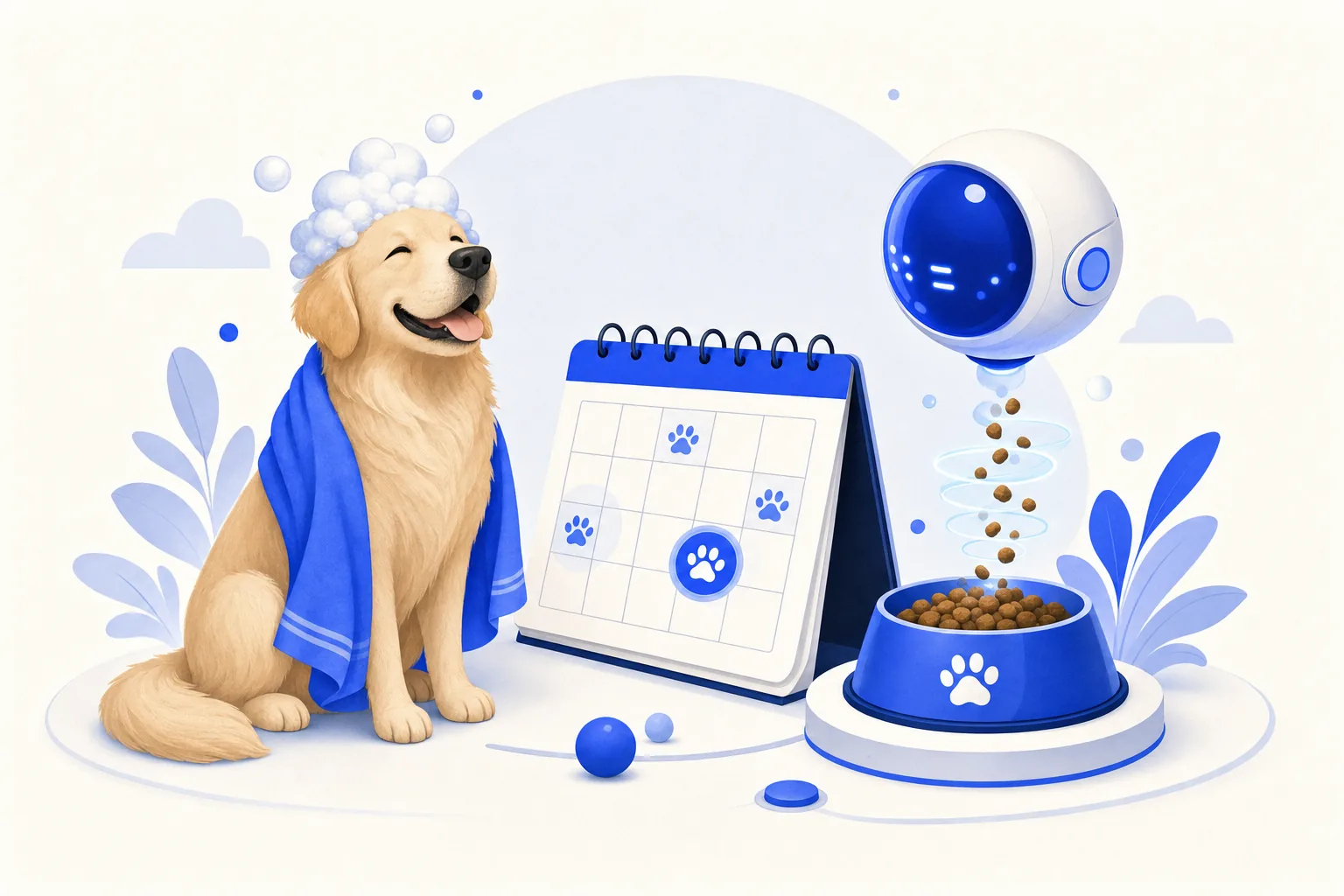 Ilustração editorial em tons de azul representando o artigo: IA para pet shops e clínicas veterinárias: banho, vacina e recompra