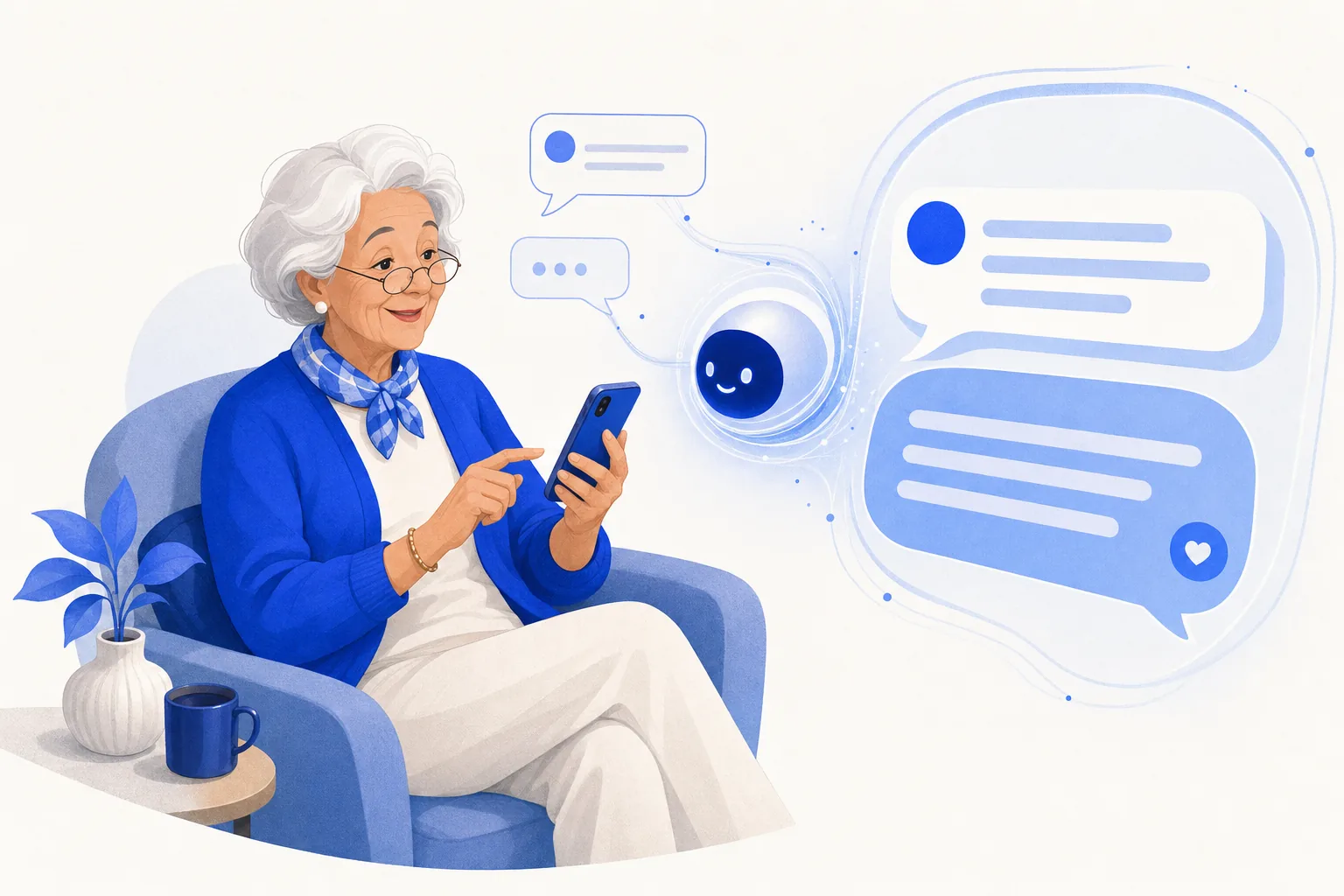 Ilustração editorial em tons de azul representando o artigo: Meu cliente é mais velho: IA no WhatsApp funciona com público 50+?