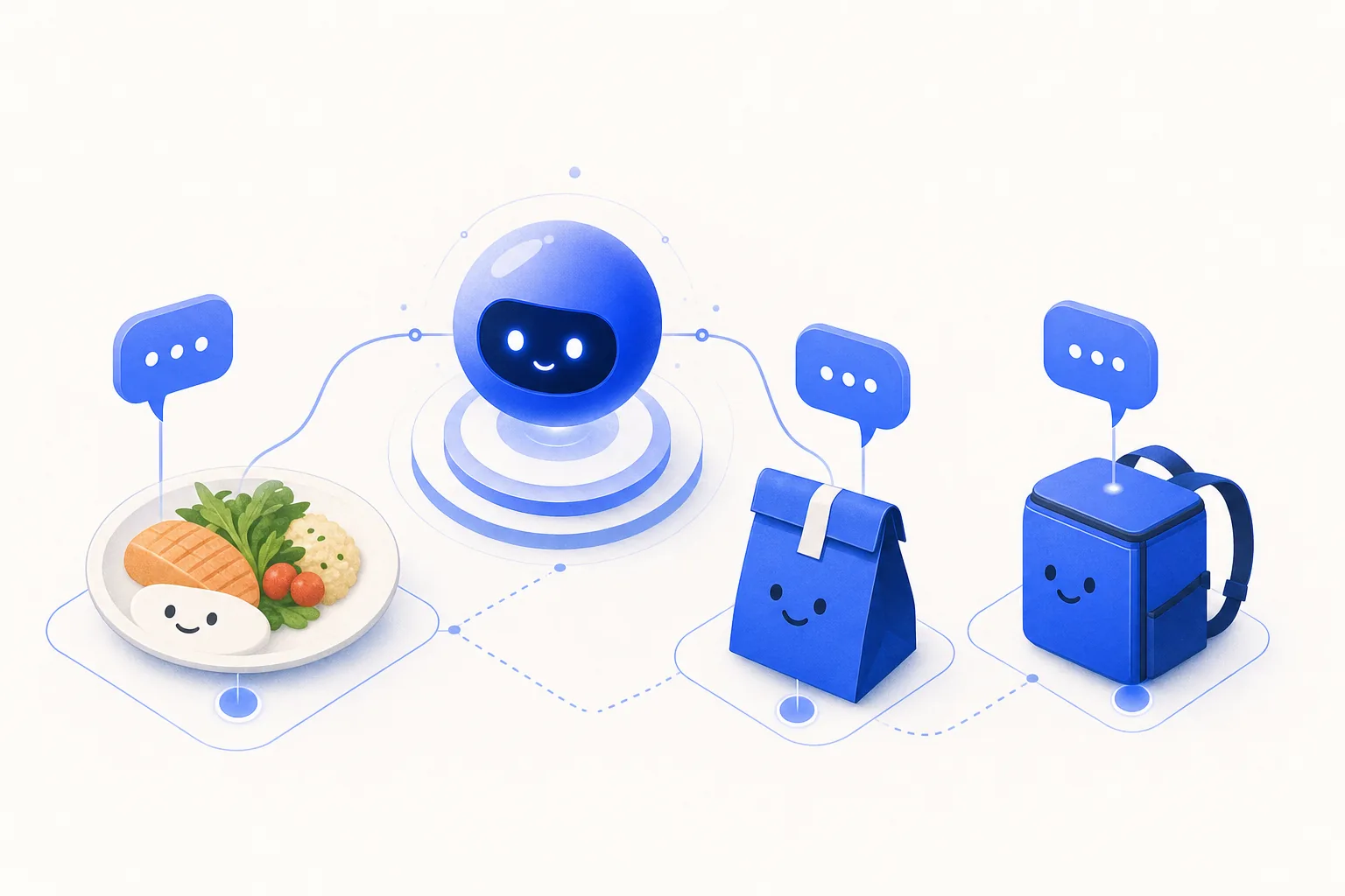 Ilustração editorial em tons de azul representando o artigo: IA para restaurantes e delivery: pedido, reserva e recompra no WhatsApp