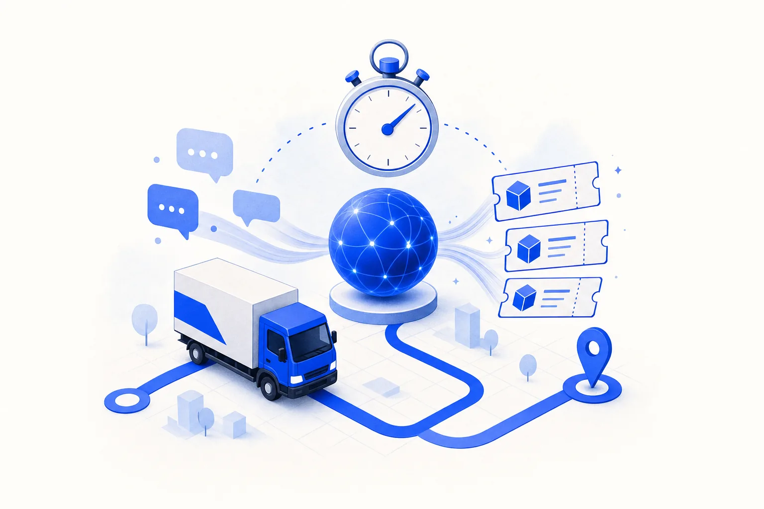 Ilustração editorial em tons de azul representando o artigo: IA para transportadoras e logística: cotação de frete em minutos