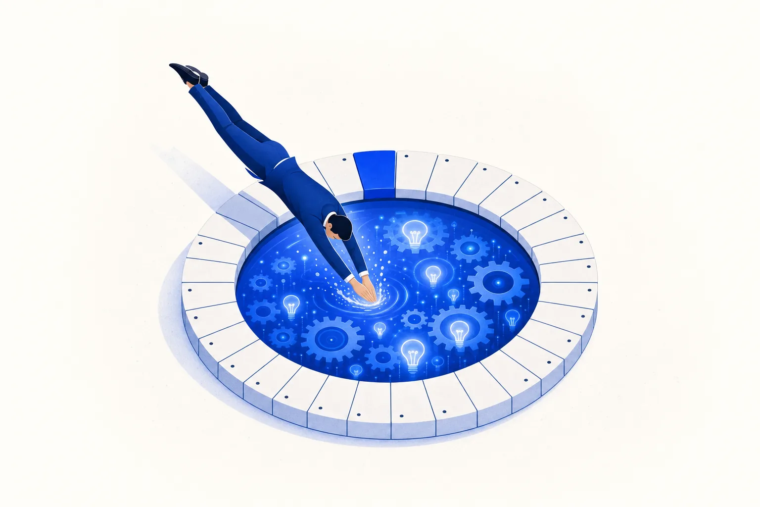 Ilustração editorial em tons de azul representando o artigo: O que é uma imersão de IA de 30 dias (e pra que tamanho de empresa faz sentido)