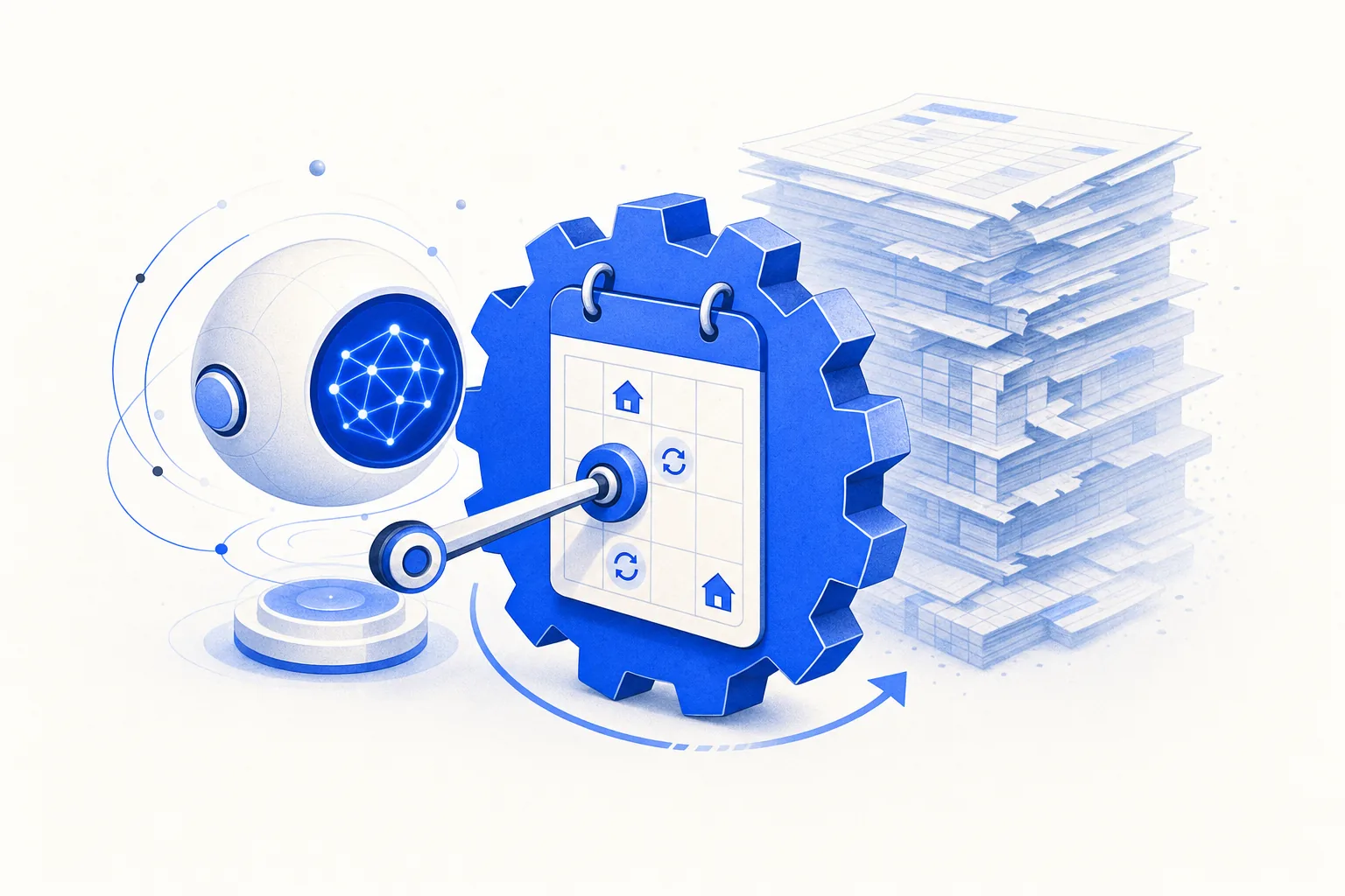 Ilustração editorial em tons de azul representando o artigo: Administração de aluguel com IA: vencimento, renovação e reajuste sem planilha