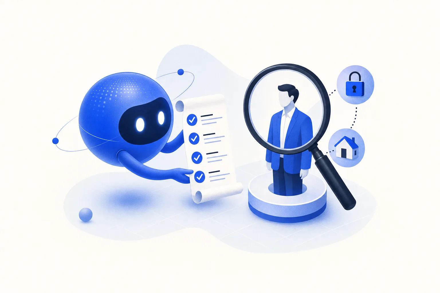 Ilustração editorial em tons de azul representando o artigo: O que perguntar antes de contratar um fornecedor de IA pra imobiliária