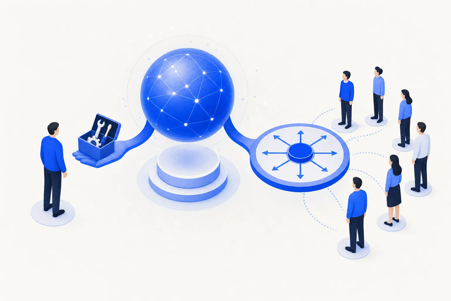 Ilustração editorial em tons de azul representando o artigo: Corretor autônomo ou imobiliária com equipe: o setup de IA muda