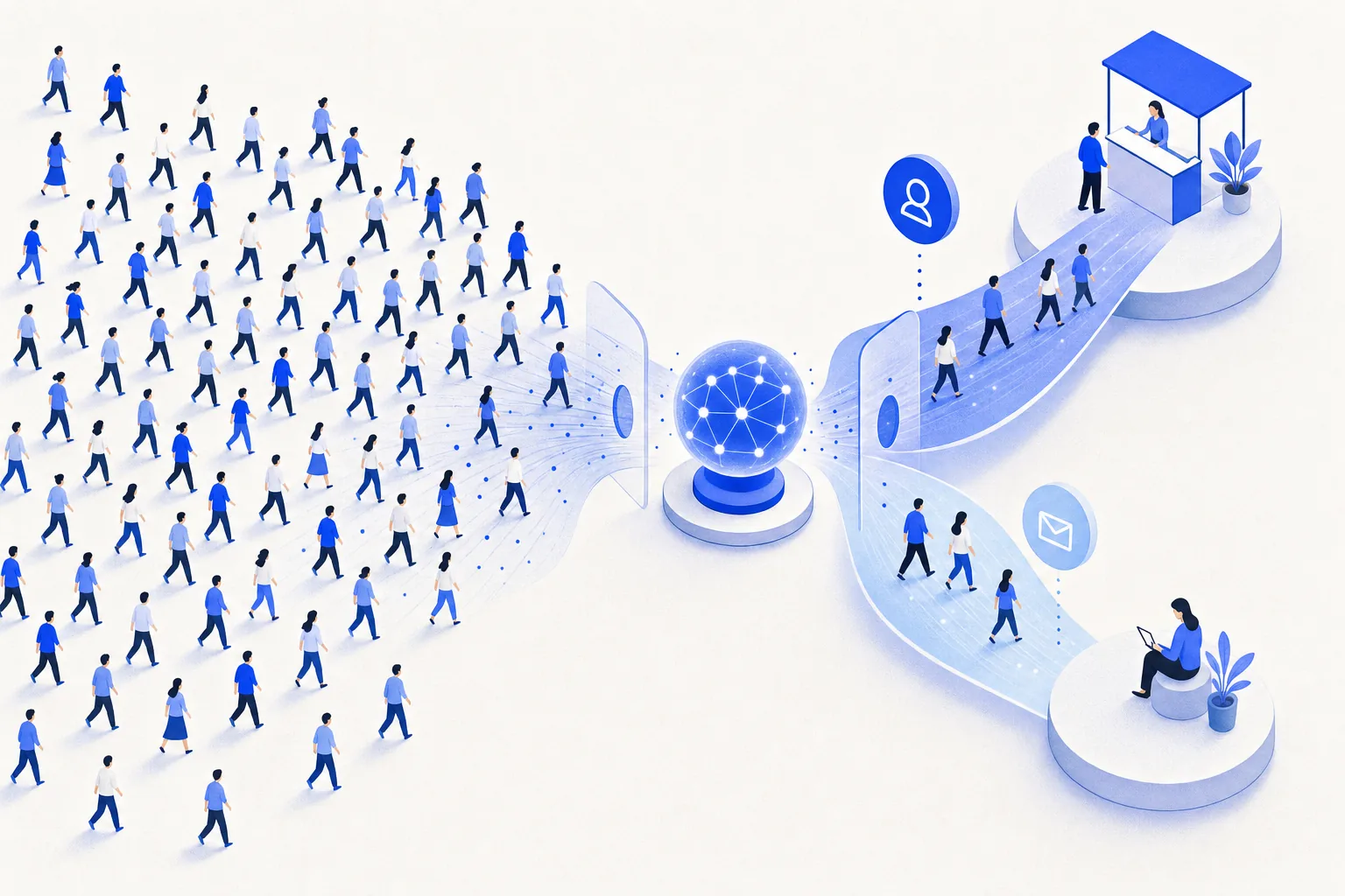 Ilustração editorial em tons de azul representando o artigo: Lançamento imobiliário: como atender 300 leads em 1 semana sem contratar plantonista extra