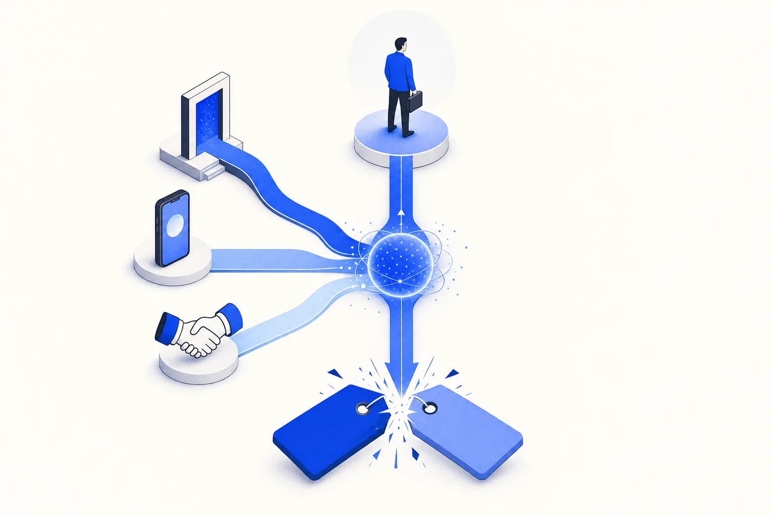 Ilustração editorial em tons de azul representando o artigo: Lead entrou pelo portal, pelo Instagram e por indicação ao mesmo tempo: como não duplicar atendimento
