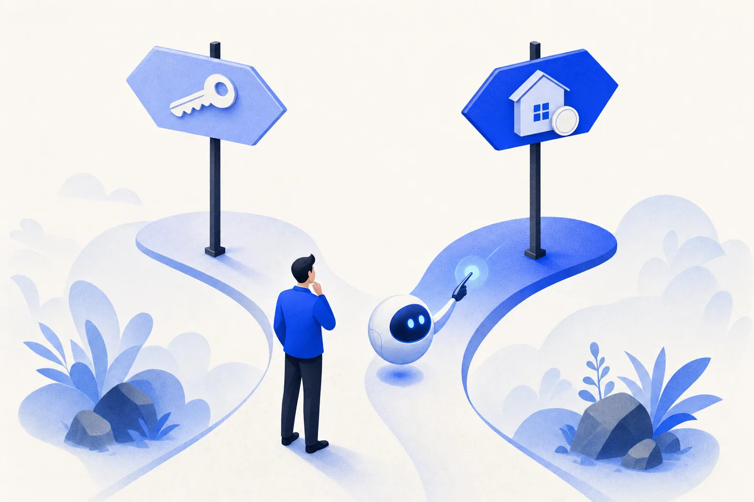 Ilustração editorial em tons de azul representando o artigo: Locação ou venda: por que o script de qualificação da imobiliária não pode ser o mesmo