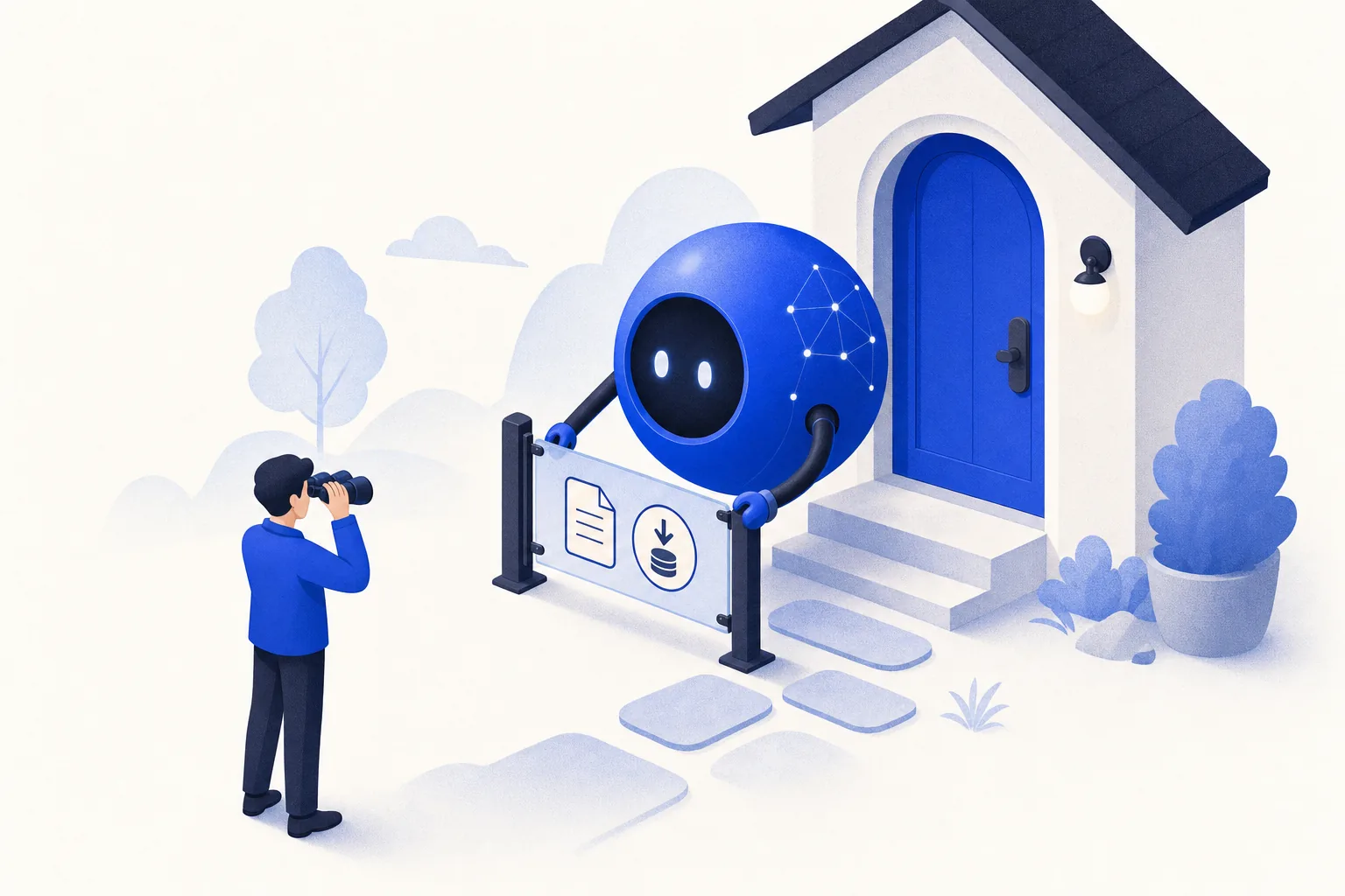 Ilustração editorial em tons de azul representando o artigo: Como qualificar antes de marcar visita (e não perder a tarde com curioso)