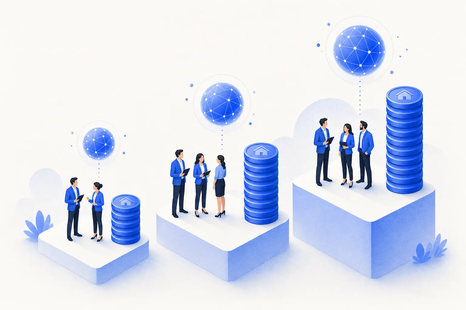 Ilustração editorial em tons de azul representando o artigo: Quanto custa IA pra imobiliária: a conta muda com 2, 10 ou 30 corretores