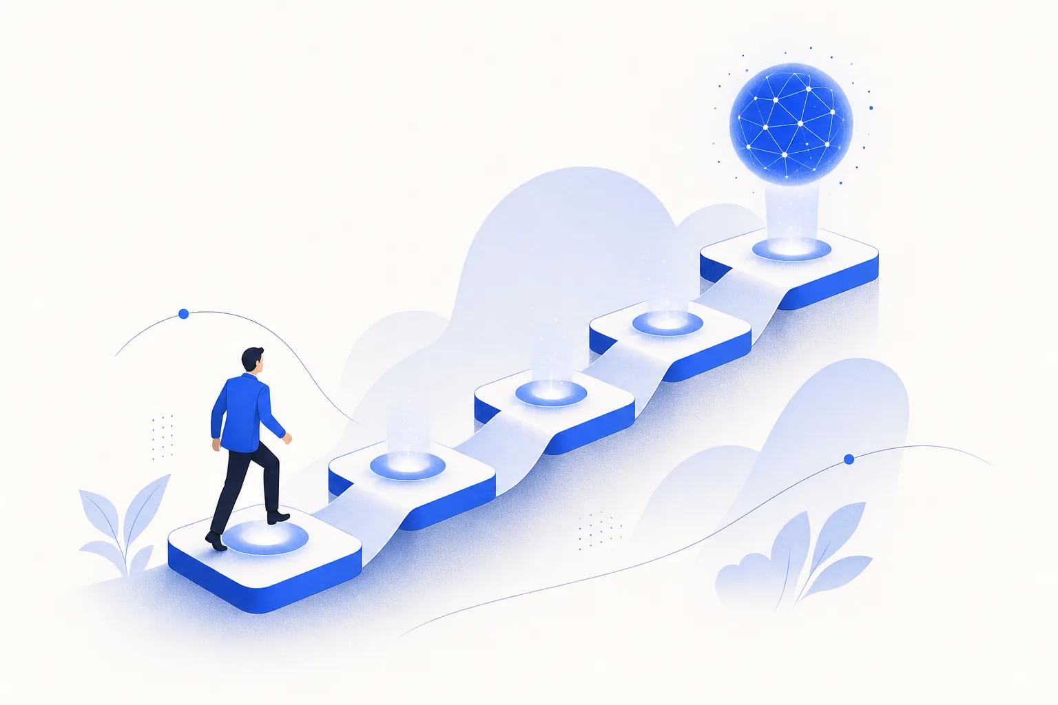 Ilustração editorial em tons de azul representando o artigo: Implantar IA é complexo? As 5 fases reais, semana a semana