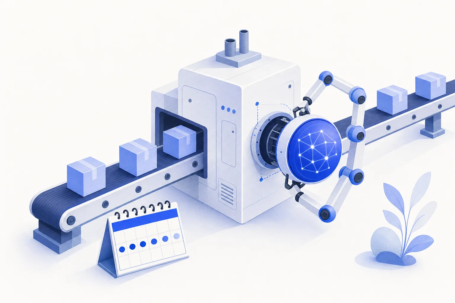 Ilustração editorial em tons de azul representando o artigo: Quanto tempo toma implementar IA de verdade (spoiler: menos que uma contratação)